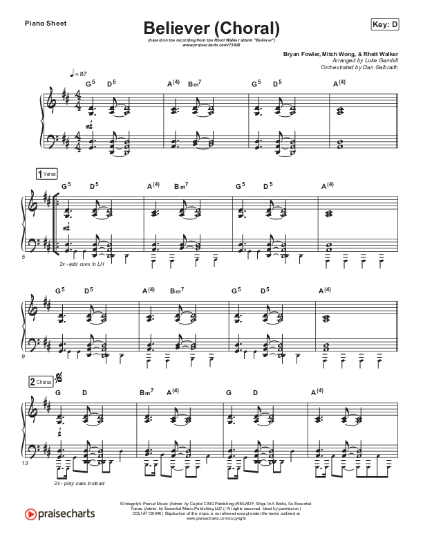 Believer (Choral Anthem SATB) Piano Sheet (Rhett Walker Band / Arr. Luke Gambill)