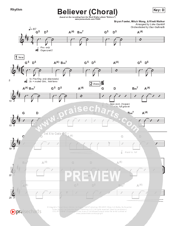Believer (Choral Anthem SATB) Rhythm Chart (Rhett Walker Band / Arr. Luke Gambill)