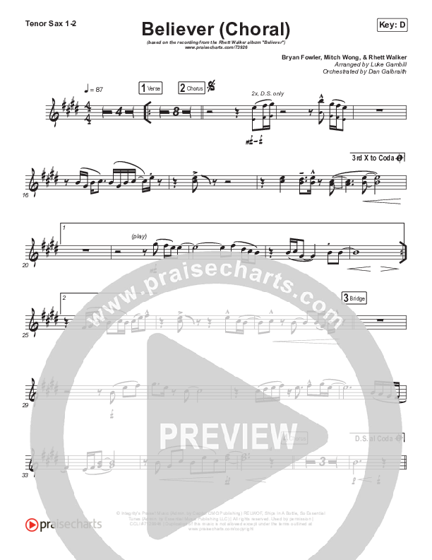 Believer (Choral Anthem SATB) Tenor Sax 1/2 (Rhett Walker Band / Arr. Luke Gambill)