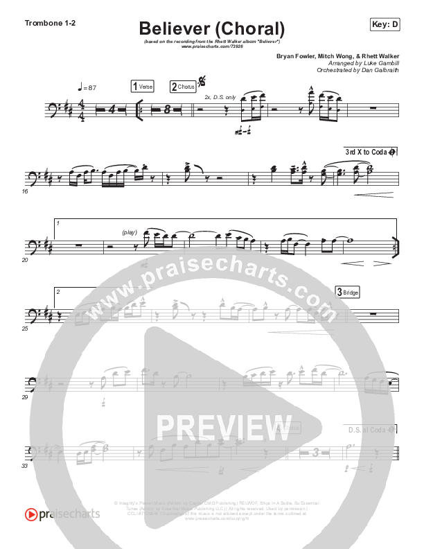 Believer (Choral Anthem SATB) Trombone 1/2 (Rhett Walker Band / Arr. Luke Gambill)