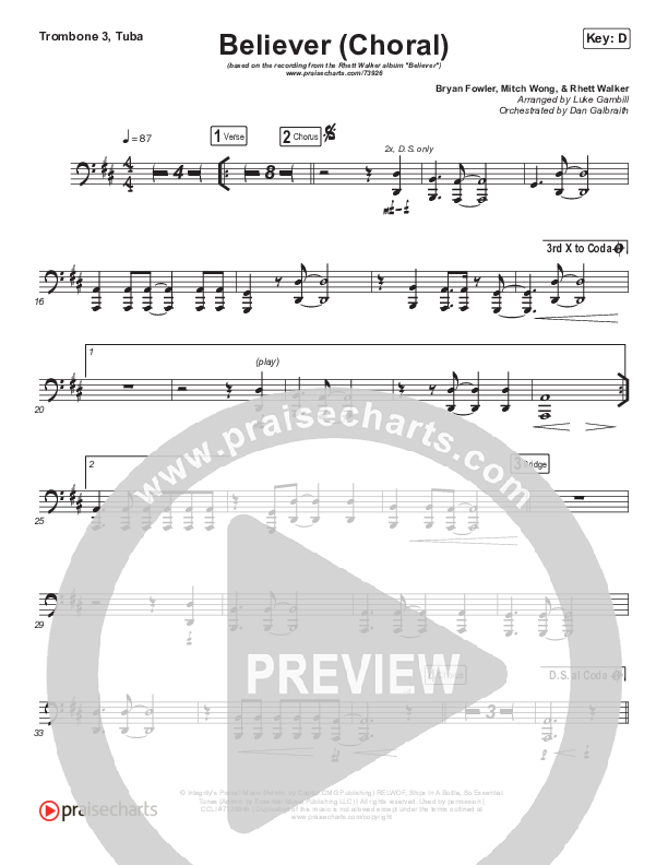 Believer (Choral Anthem SATB) Trombone 3/Tuba (Rhett Walker Band / Arr. Luke Gambill)