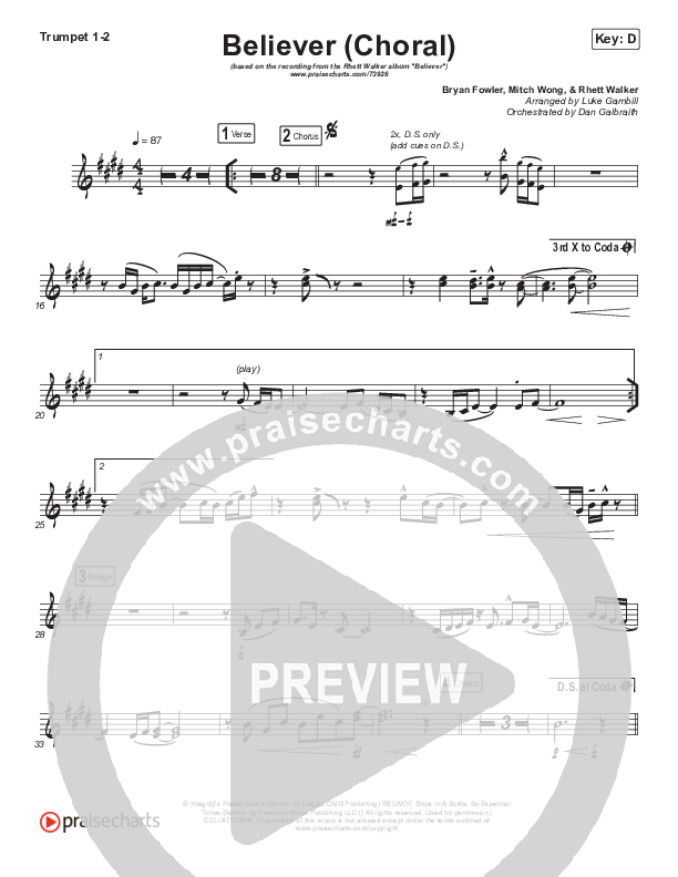 Believer (Choral Anthem SATB) Trumpet 1,2 (Rhett Walker Band / Arr. Luke Gambill)