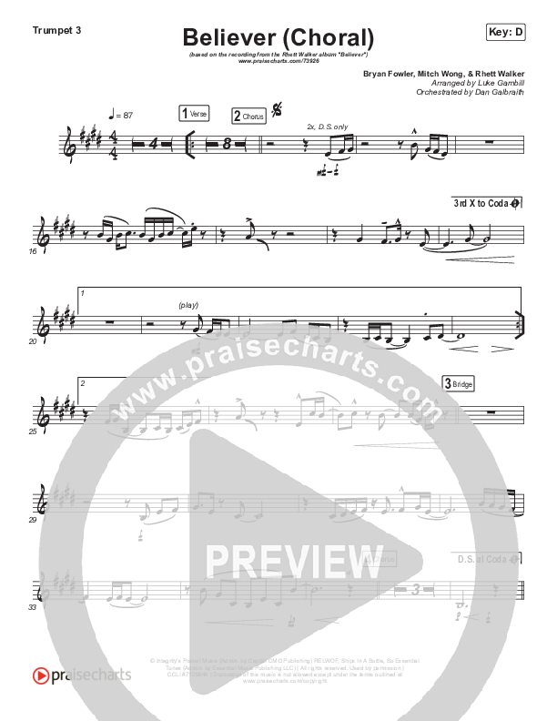 Believer (Choral Anthem SATB) Trumpet 3 (Rhett Walker Band / Arr. Luke Gambill)