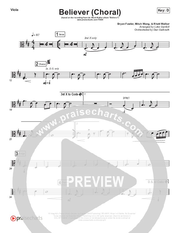 Believer (Choral Anthem SATB) Viola (Rhett Walker Band / Arr. Luke Gambill)