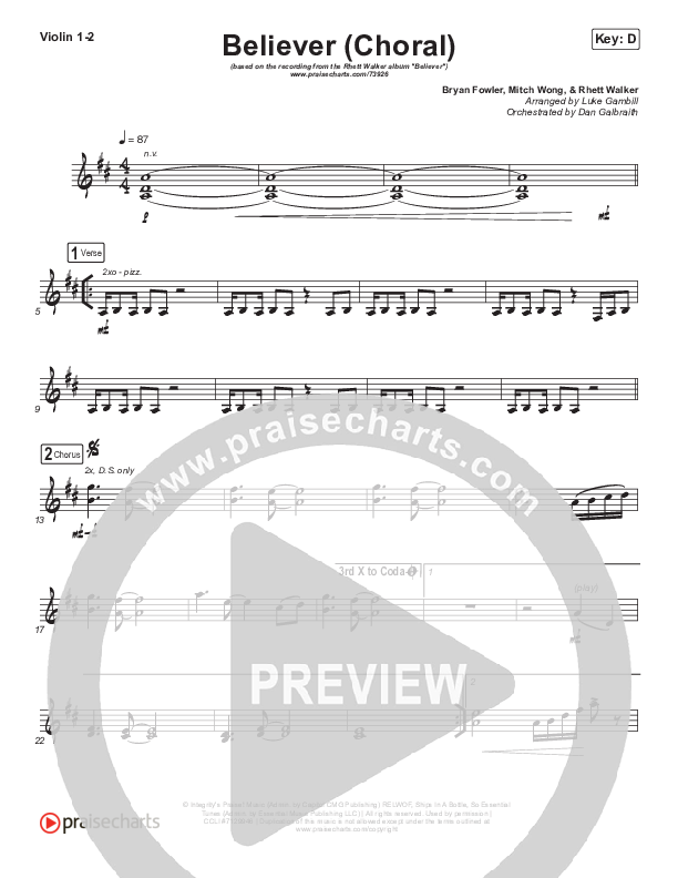 Believer (Choral Anthem SATB) Violin 1/2 (Rhett Walker Band / Arr. Luke Gambill)