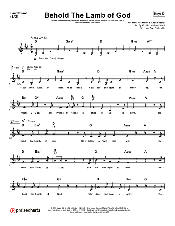 Behold The Lamb Of God Lead Sheet (SAT) (Andrew Peterson)