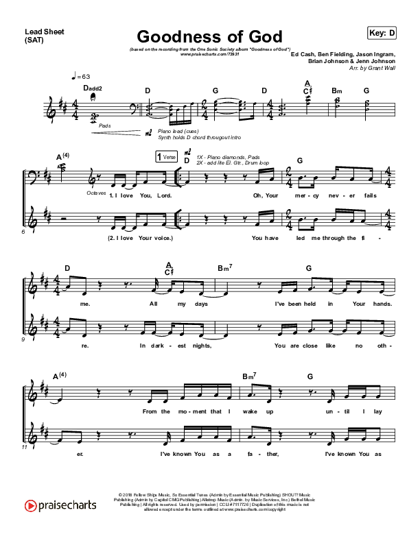 Goodness Of God Lead Sheet (SAT) (One Sonic Society)