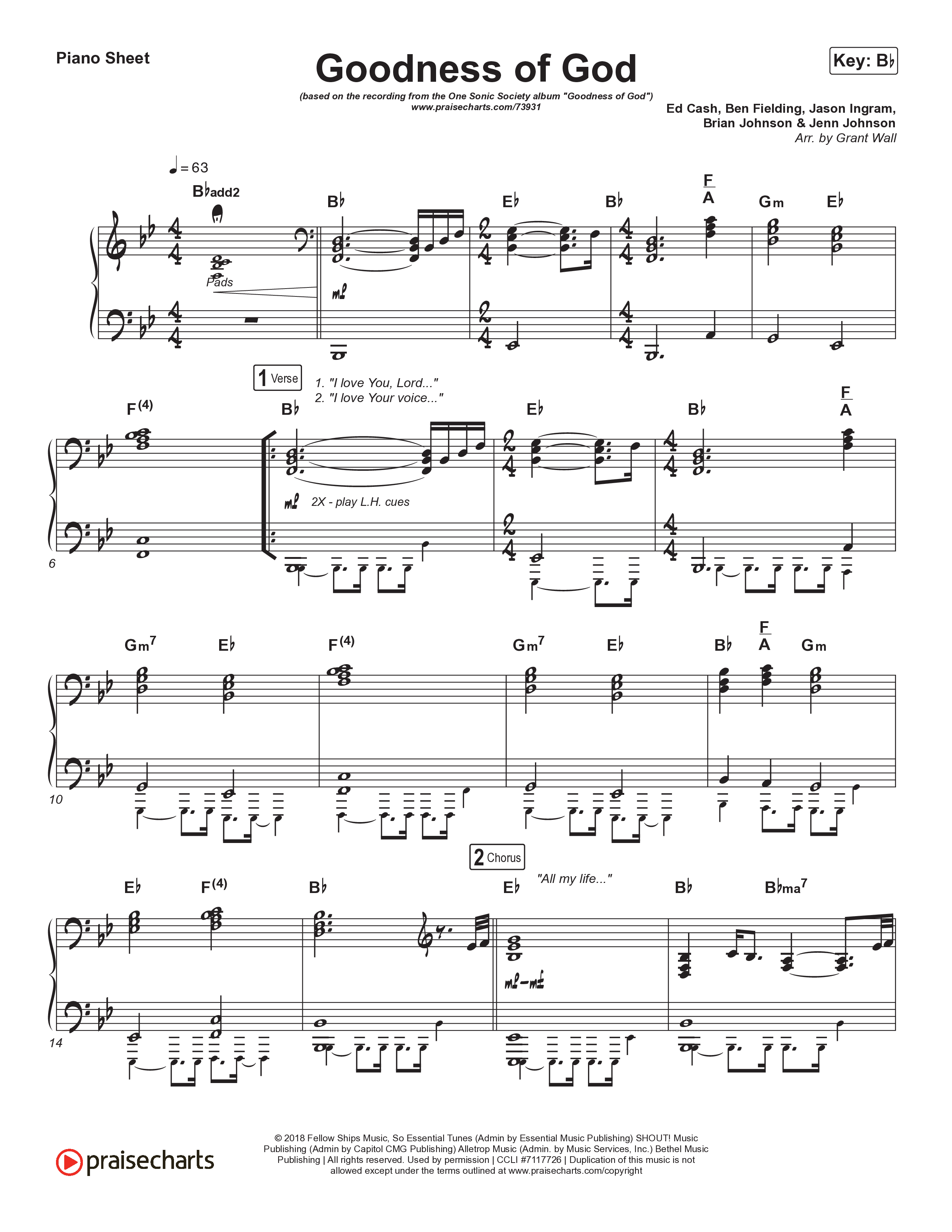Goodness Of God Piano Sheet (One Sonic Society)