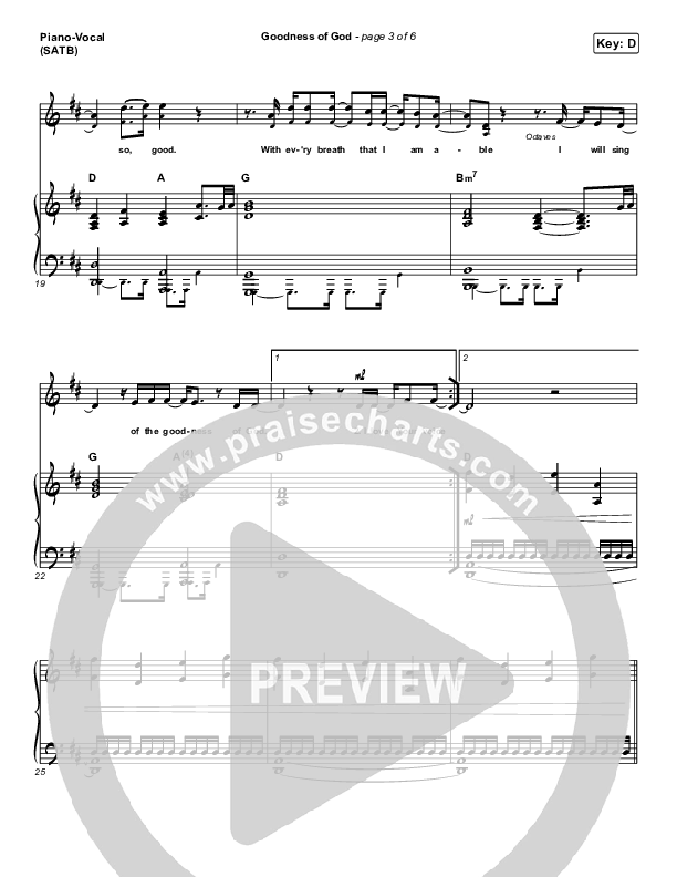 Goodness Of God Piano/Vocal (SATB) (One Sonic Society)