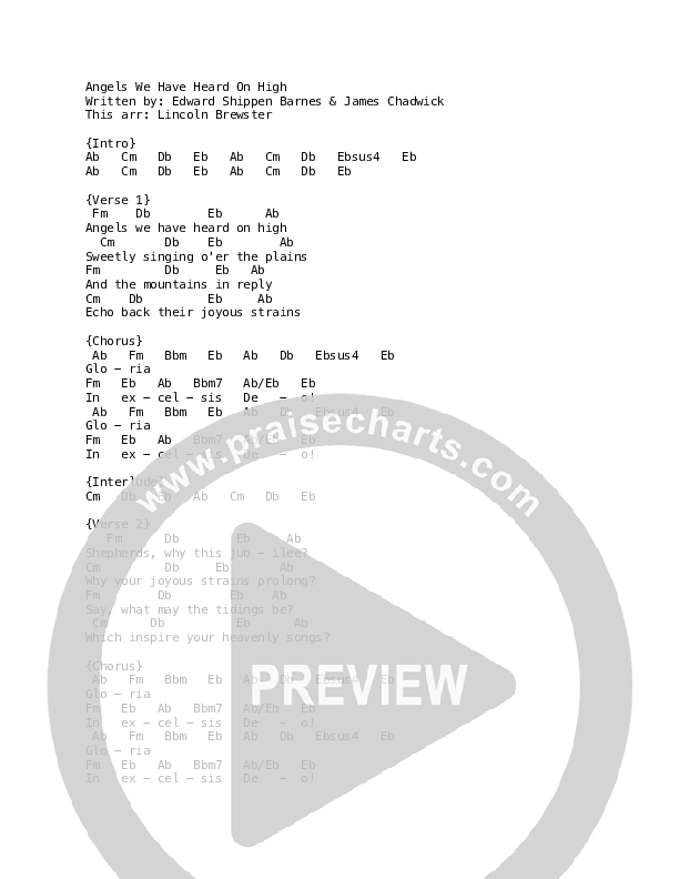 Angels We Have Heard On High Chords & Lyrics (Lincoln Brewster)