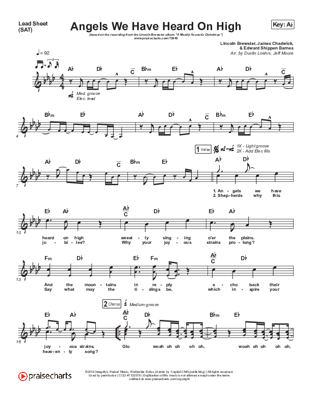 Angels We Have Heard On High Lead Sheet (SAT) (Lincoln Brewster)