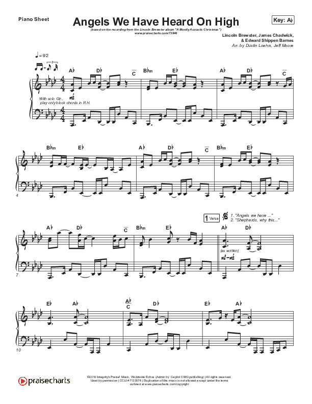 Angels We Have Heard On High Piano Sheet (Lincoln Brewster)