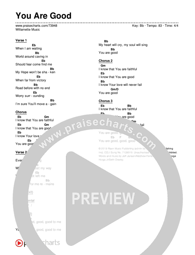 You Are Good Chord Chart (Willamette Music)
