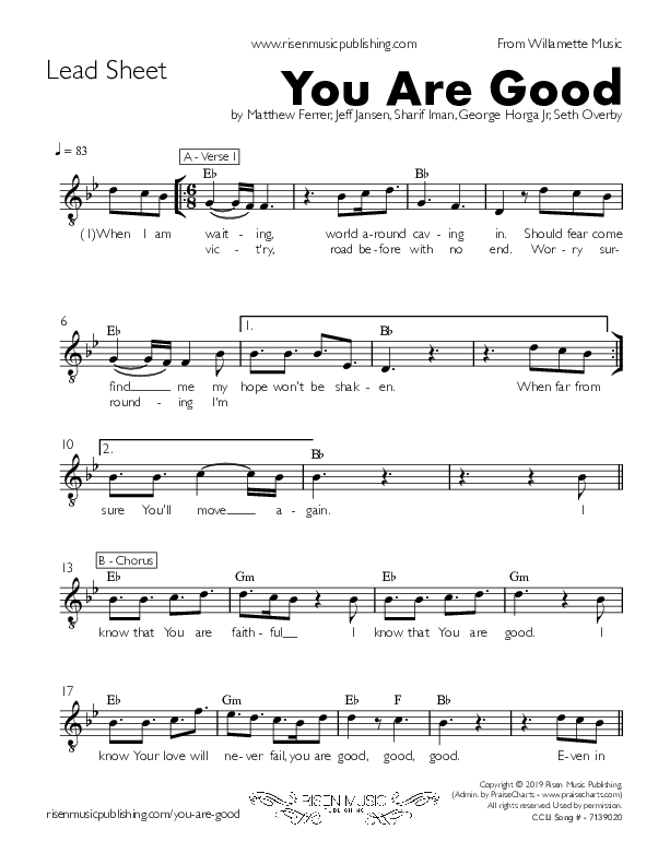 You Are Good Lead Sheet (Willamette Music)