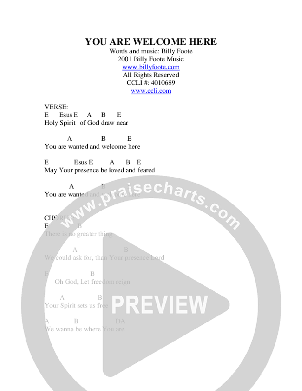 You Are Welcome Here Chords & Lyrics (Billy Foote / Cindy Foote)