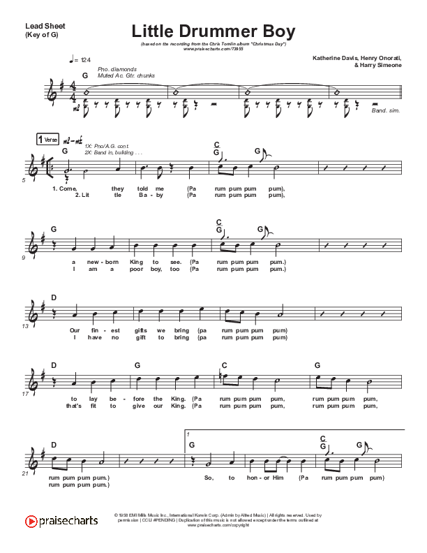 Little Drummer Boy Lead Sheet (Melody) (Chris Tomlin)
