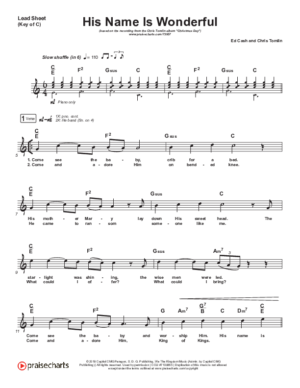 His Name Is Wonderful Lead Sheet (Melody) (Chris Tomlin)