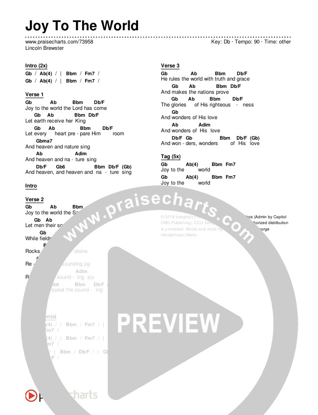 Joy To The World Chords & Lyrics (Lincoln Brewster)
