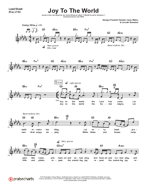 Joy To The World Lead Sheet (Melody) (Lincoln Brewster)