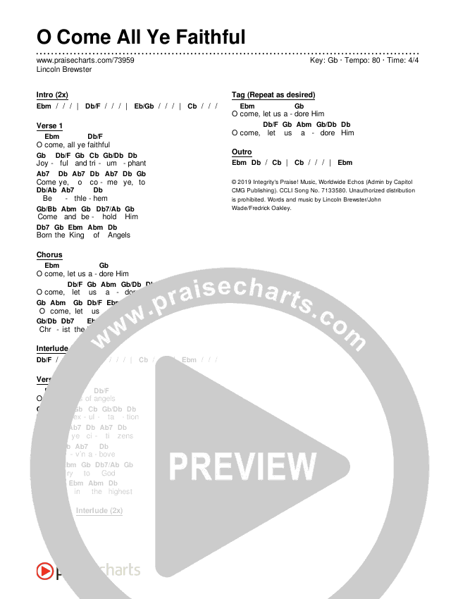 O Come All Ye Faithful Chords & Lyrics (Lincoln Brewster)