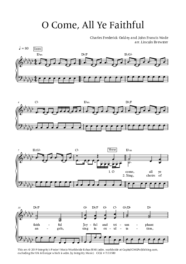 O Come All Ye Faithful Lead Sheet (Lincoln Brewster)