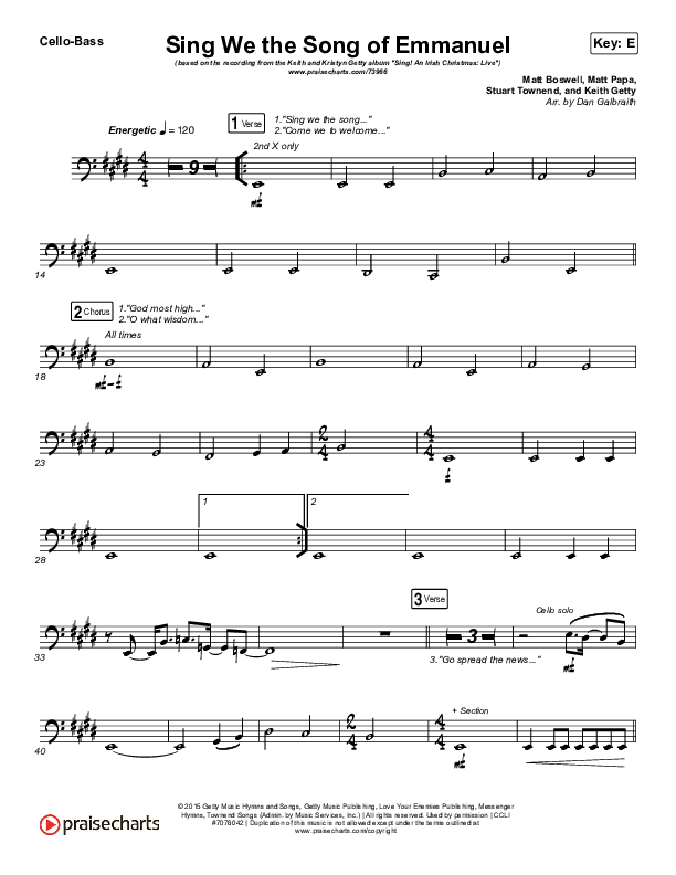 Sing We The Song Of Emmanuel Cello/Bass (Matt Boswell / Matt Papa / Keith & Kristyn Getty)