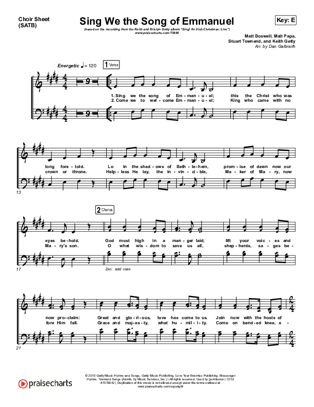 Sing We The Song Of Emmanuel Choir Sheet (SATB) (Matt Boswell / Matt Papa / Keith & Kristyn Getty)