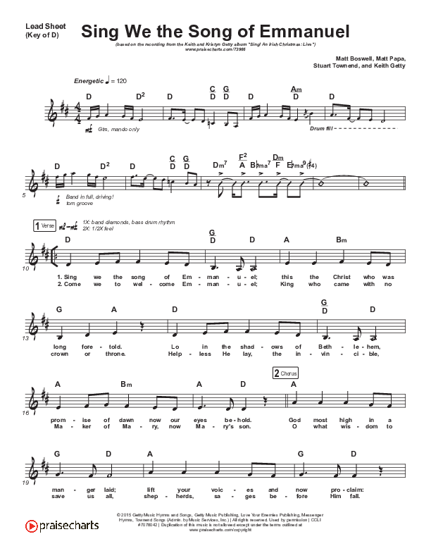 Sing We The Song Of Emmanuel Lead Sheet (Melody) (Matt Boswell / Matt Papa / Keith & Kristyn Getty)
