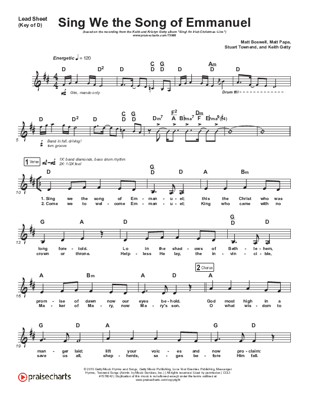 Sing We The Song Of Emmanuel Lead Sheet (Melody) (Matt Boswell / Matt Papa / Keith & Kristyn Getty)