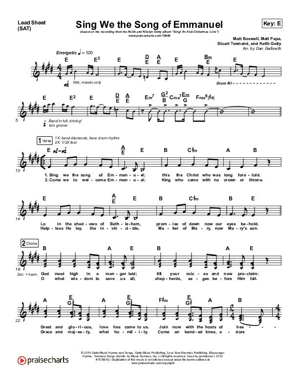 Sing We The Song Of Emmanuel Lead Sheet (SAT) (Matt Boswell / Matt Papa / Keith & Kristyn Getty)