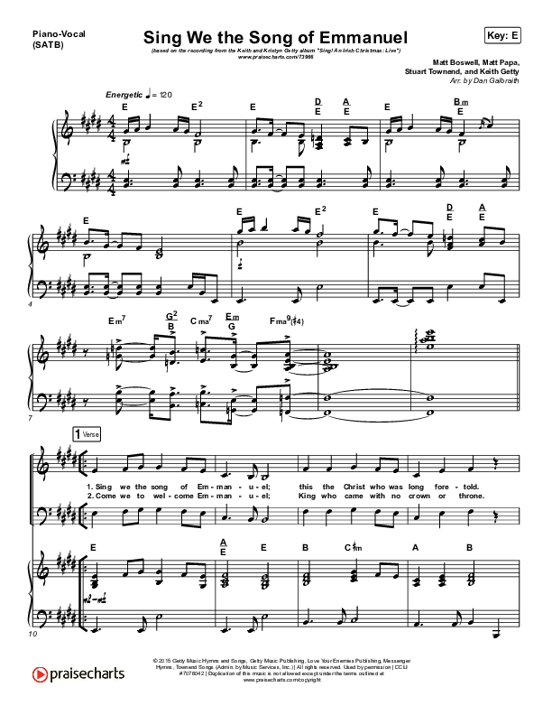 Sing We The Song Of Emmanuel Piano/Vocal (SATB) (Matt Boswell / Matt Papa / Keith & Kristyn Getty)