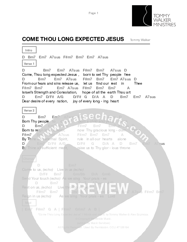 Come Thou Long Expected Jesus Chord Chart (Tommy Walker)