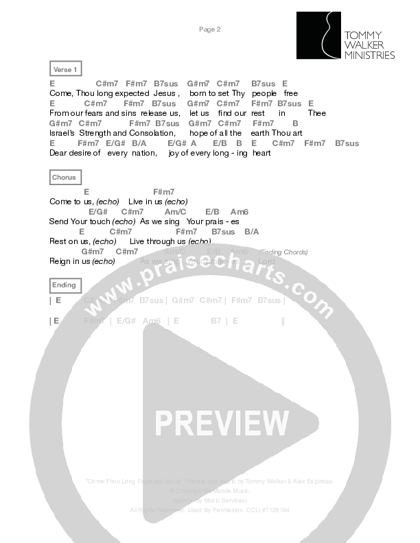 Come Thou Long Expected Jesus Chord Chart (Tommy Walker)