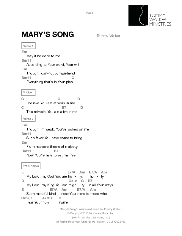 Mary's Song Chord Chart (Tommy Walker)