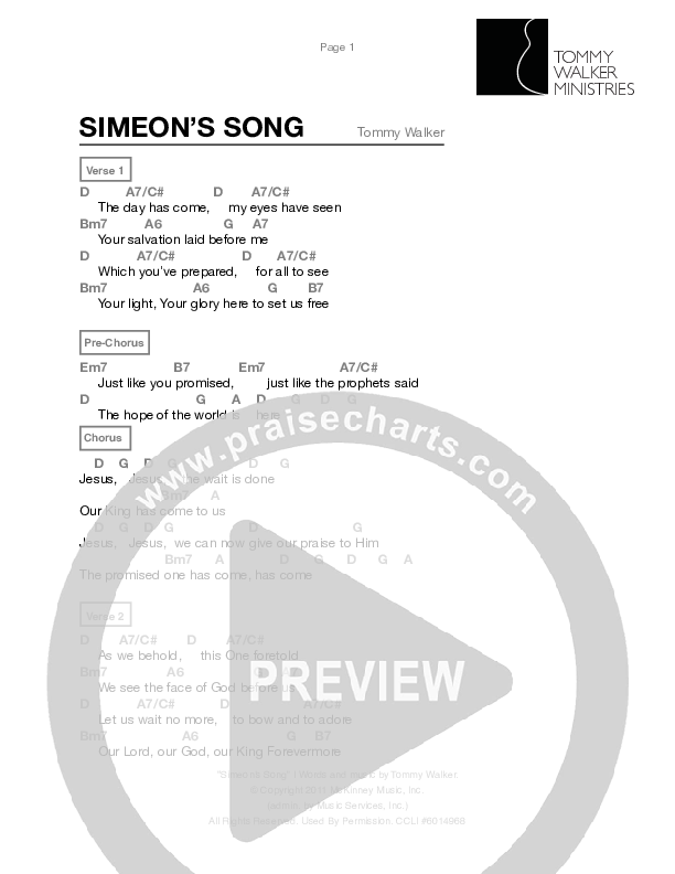 Simeon's Song Chord Chart (Tommy Walker)