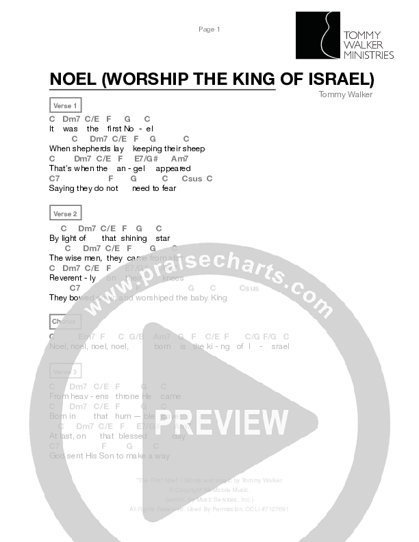 Noel (Worship The King Of Israel) Chord Chart (Tommy Walker)