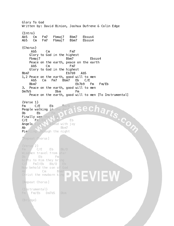 Glory To God Chord Chart (David & Nicole Binion / Potter's House Choir)