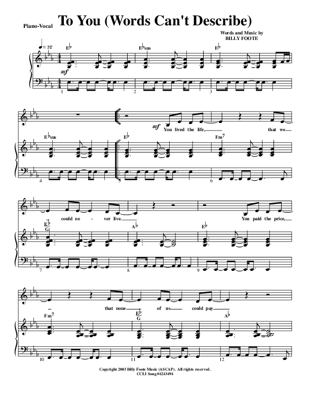 To You (Words Can't Describe) Lead & Piano (Billy Foote / Cindy Foote)
