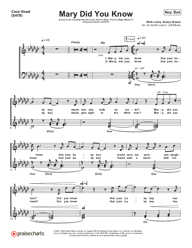 Mary Did You Know Choir Vocals (SATB) (CeeLo Green)