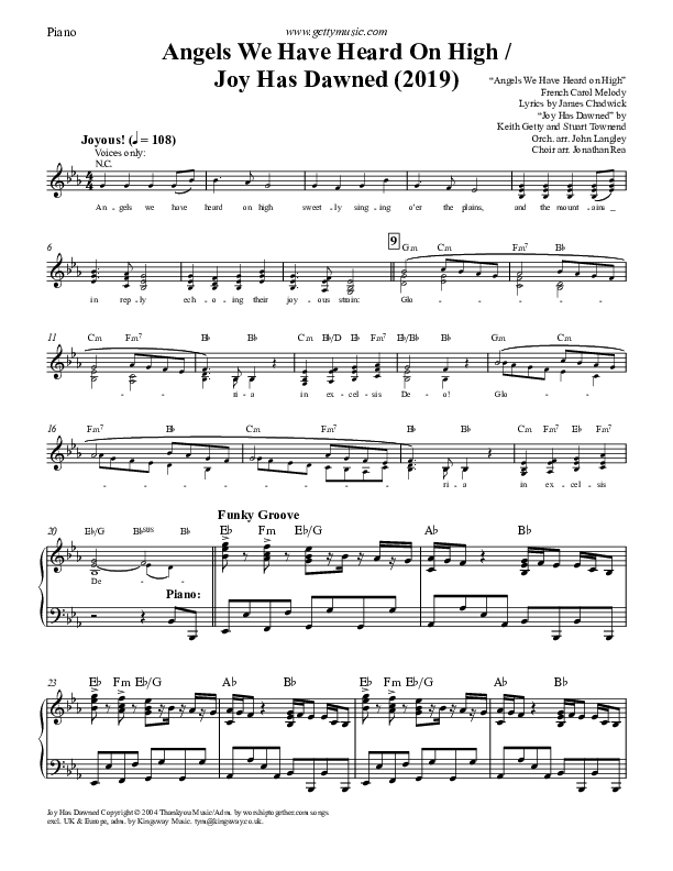 Angels We Have Heard On High (with Joy Has Dawned) Piano Sheet (Keith & Kristyn Getty)