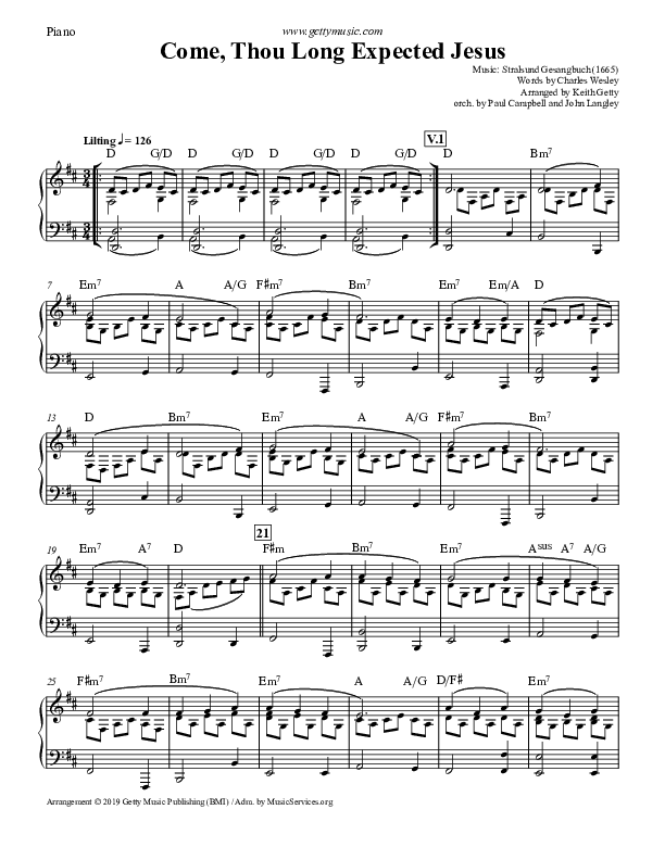 Come Thou Long Expected Jesus Piano Sheet (Keith & Kristyn Getty)
