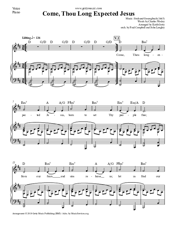 Come Thou Long Expected Jesus Piano/Vocal (Keith & Kristyn Getty)