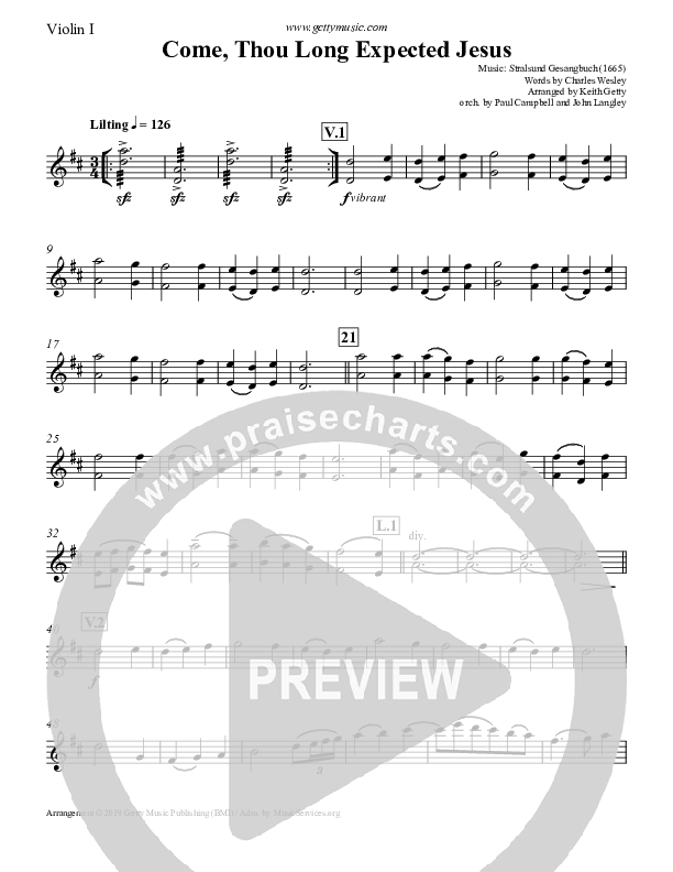 Come Thou Long Expected Jesus Violin 1 (Keith & Kristyn Getty)