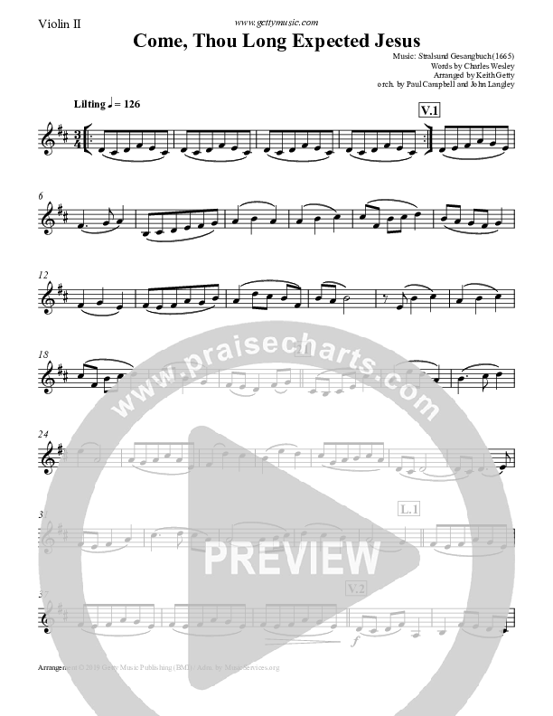 Come Thou Long Expected Jesus Violin 2 (Keith & Kristyn Getty)