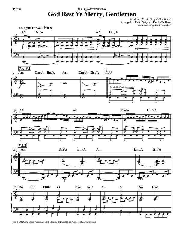 God Rest Ye Merry Gentlemen Piano Sheet (Keith & Kristyn Getty)