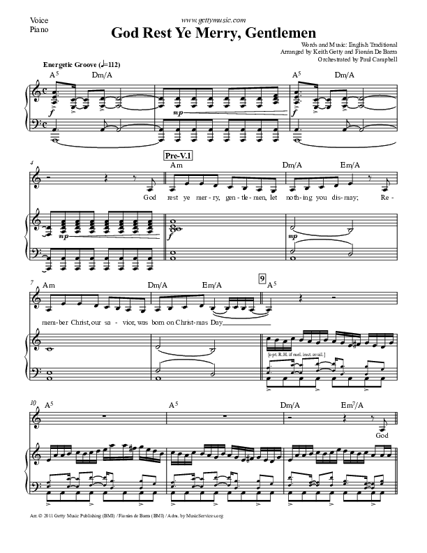 God Rest Ye Merry Gentlemen Piano/Vocal (Keith & Kristyn Getty)