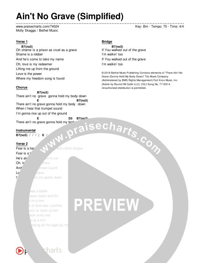 Ain't No Grave (Simplified) Chord Chart (Bethel Music / Molly Skaggs)