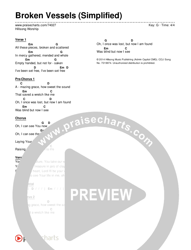 Broken Vessels (Amazing Grace) (Simplified) Chord Chart (Hillsong Worship)
