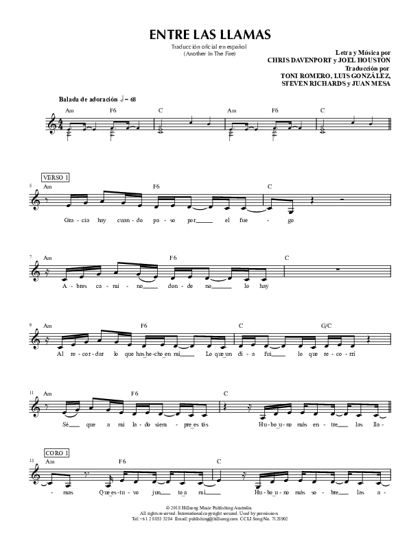 Entre Las Llamas (Another In The Fire) Lead Sheet (Hillsong en Espanol)
