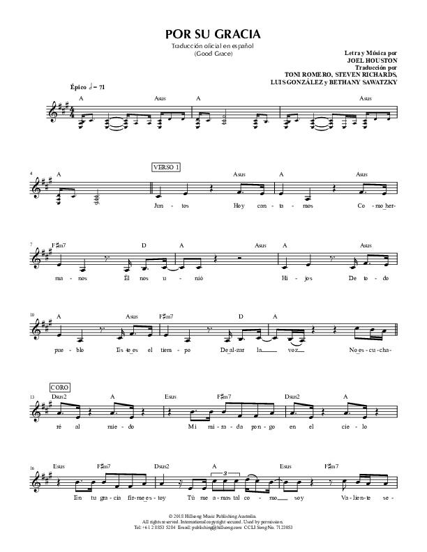 Por Su Gracia (Good Grace) Lead Sheet (Hillsong en Espanol)